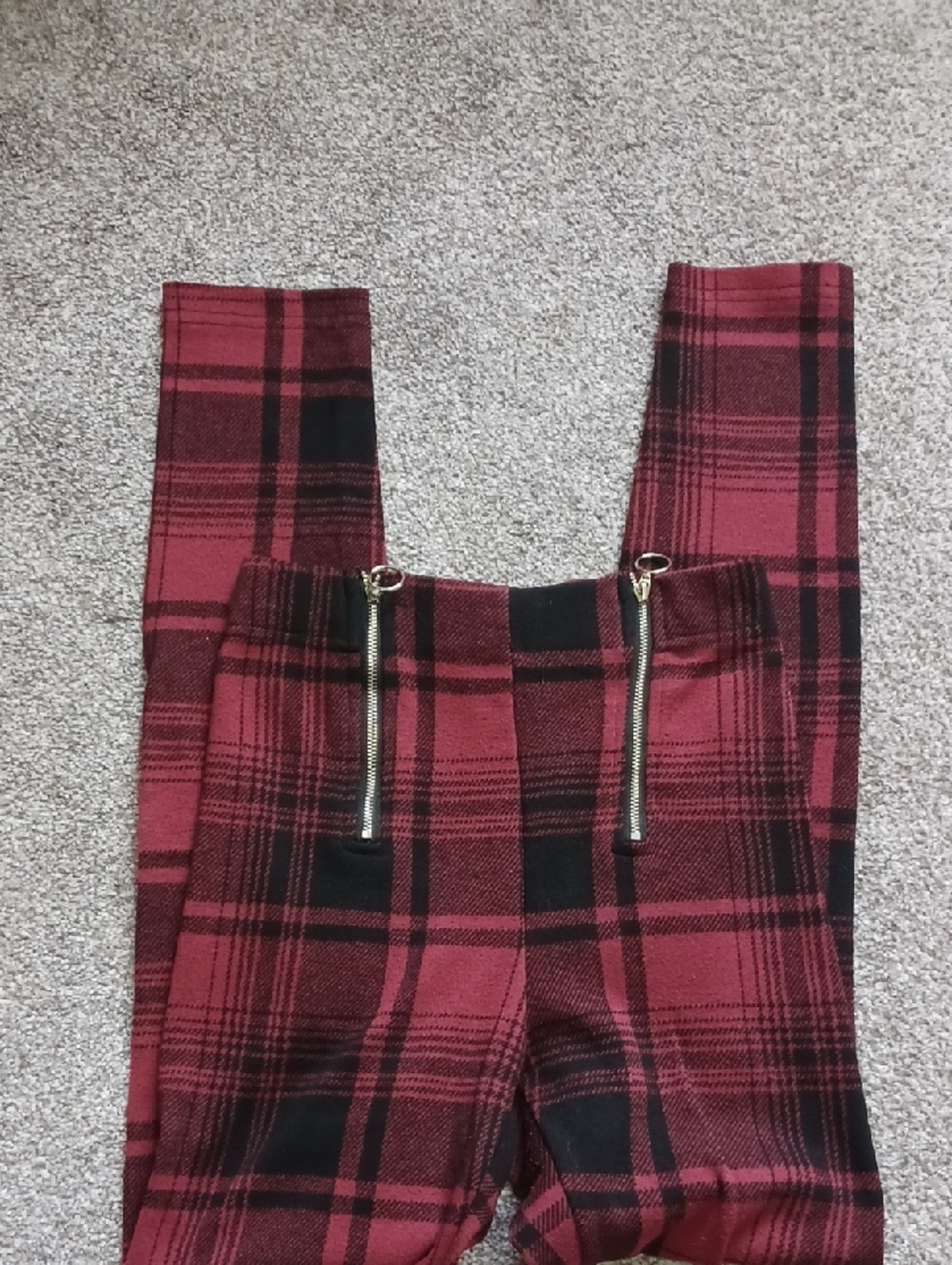 Ardene Red and Black Plaid High-Waist Pants with Front Zippers